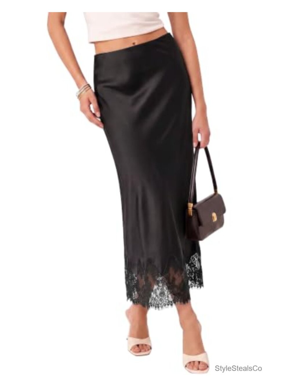 Satin Maxi Skirt Elastic Waist Lace Trim Long Slip Skirt